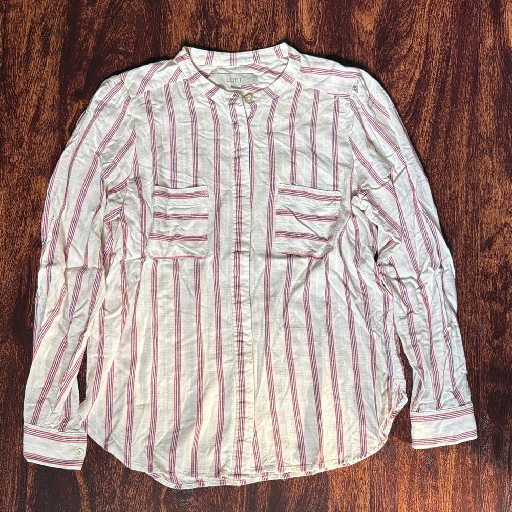 LOFT Red and White Striped Blouse